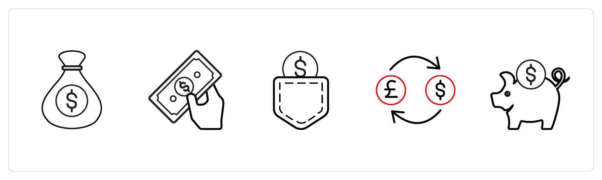 A set of 5 human resource icons such as funds, cash, commission in black line color vector