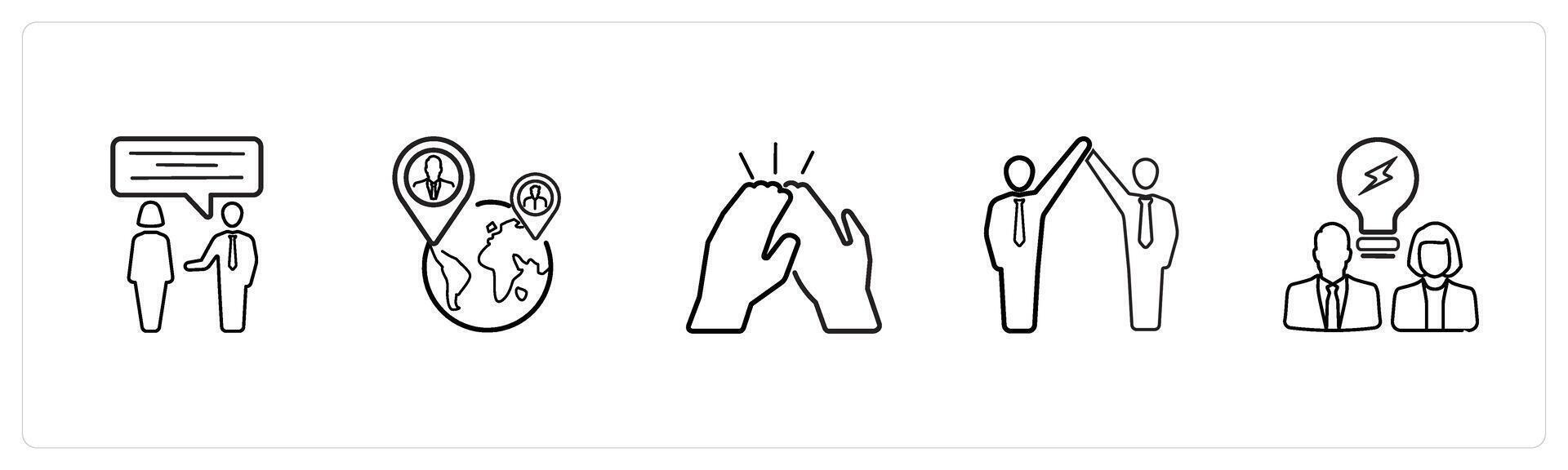 communication, international team in black line color vector