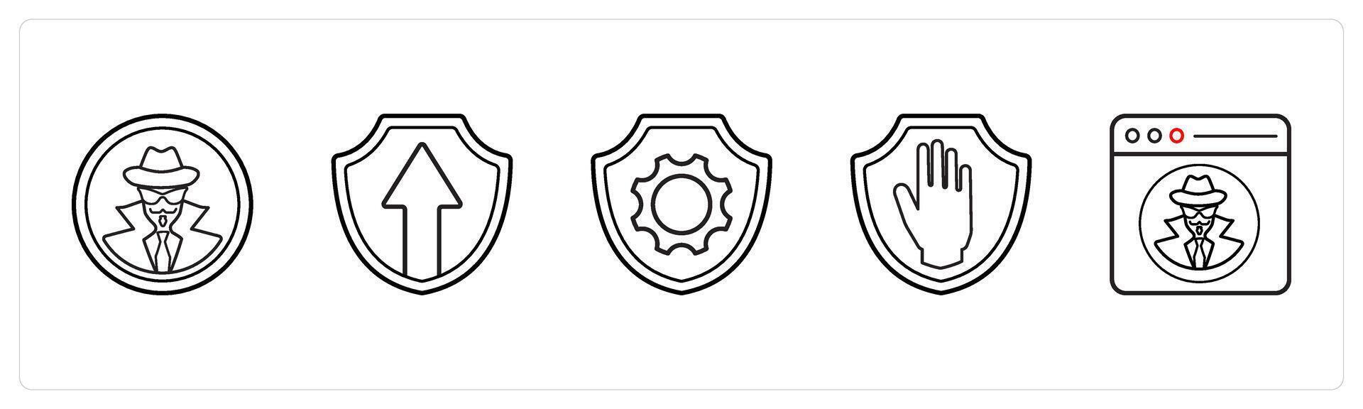 hacker, security, shield in black line color vector