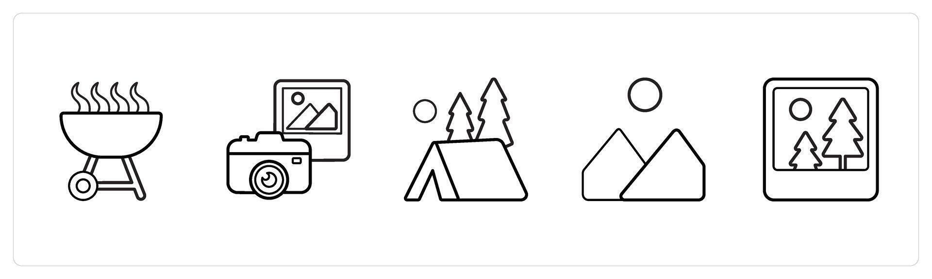 barbecue, photography, camping in black line color vector