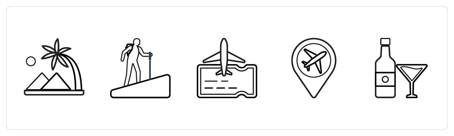 mountains, hiking, flight travel in black line color vector