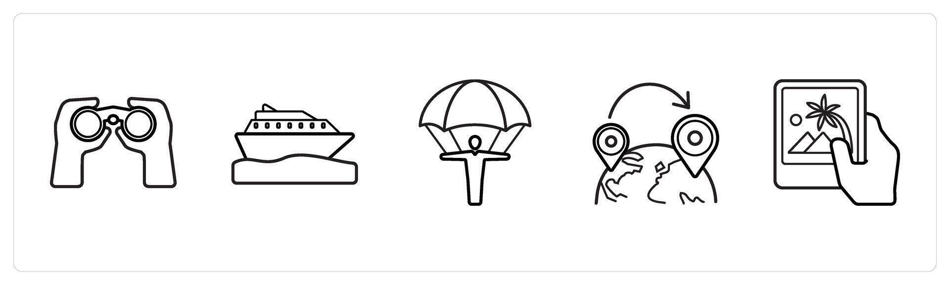 binocular, cruise, landing parachute in black line color vector