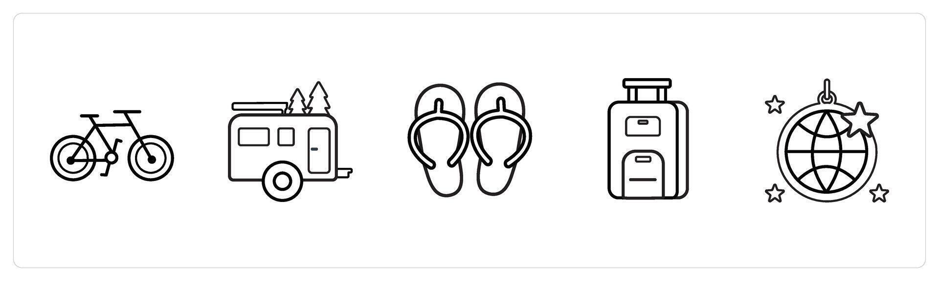 bicycle, camping, slipper in black line color vector