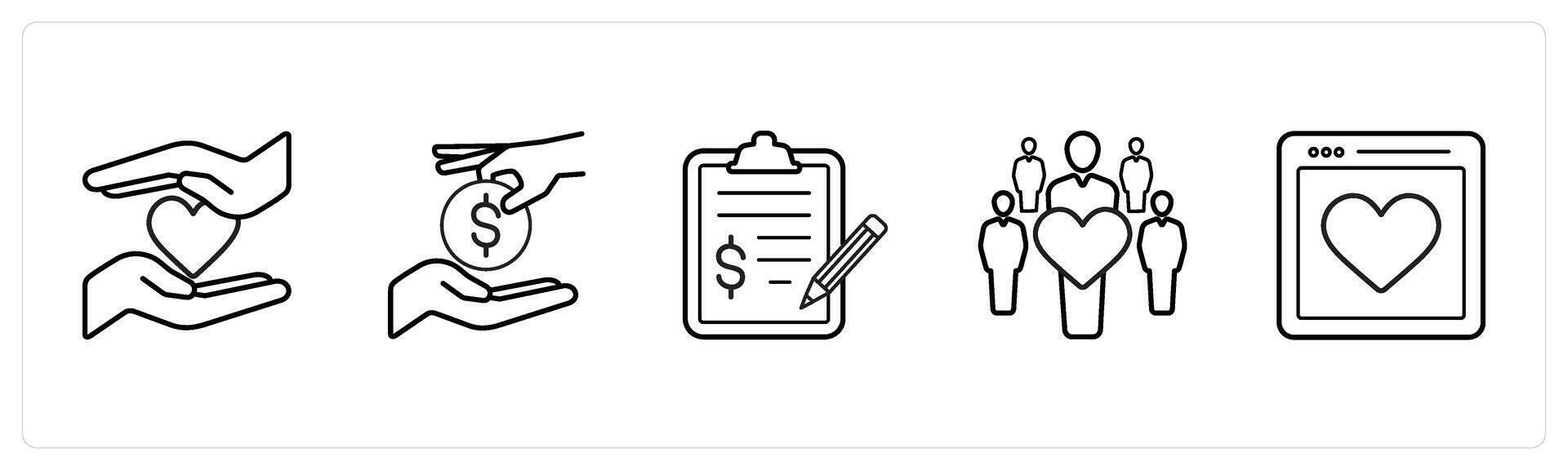 donation, charity, contarct agreement in black line color vector