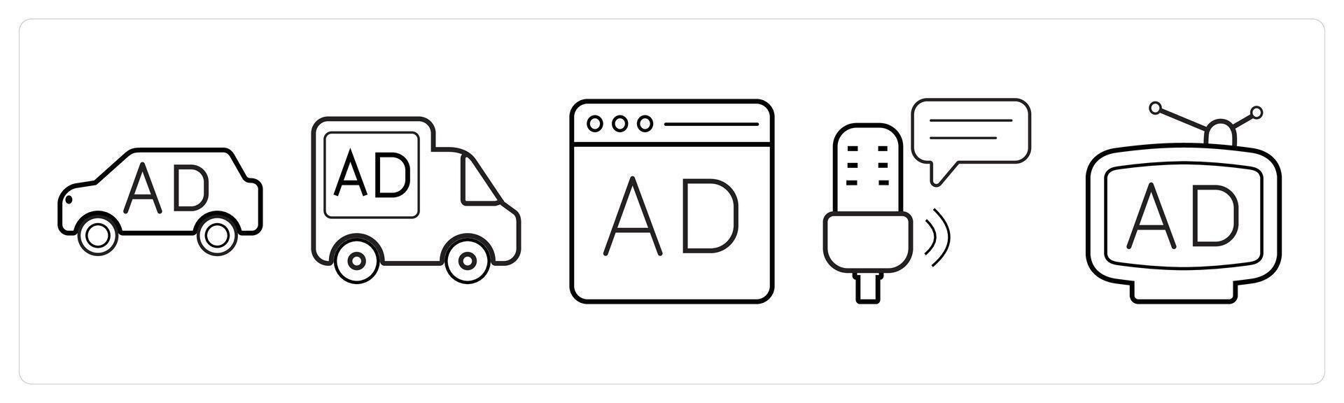 A set of 5 Ads and marketing icons as advertising car, road advertisement, website ad in black line color vector