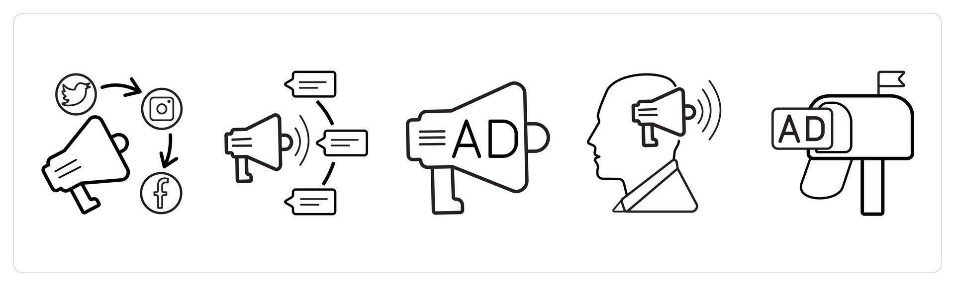 A set of 5 Ads and marketing icons as promotion media, promotion method, media in black line color vector