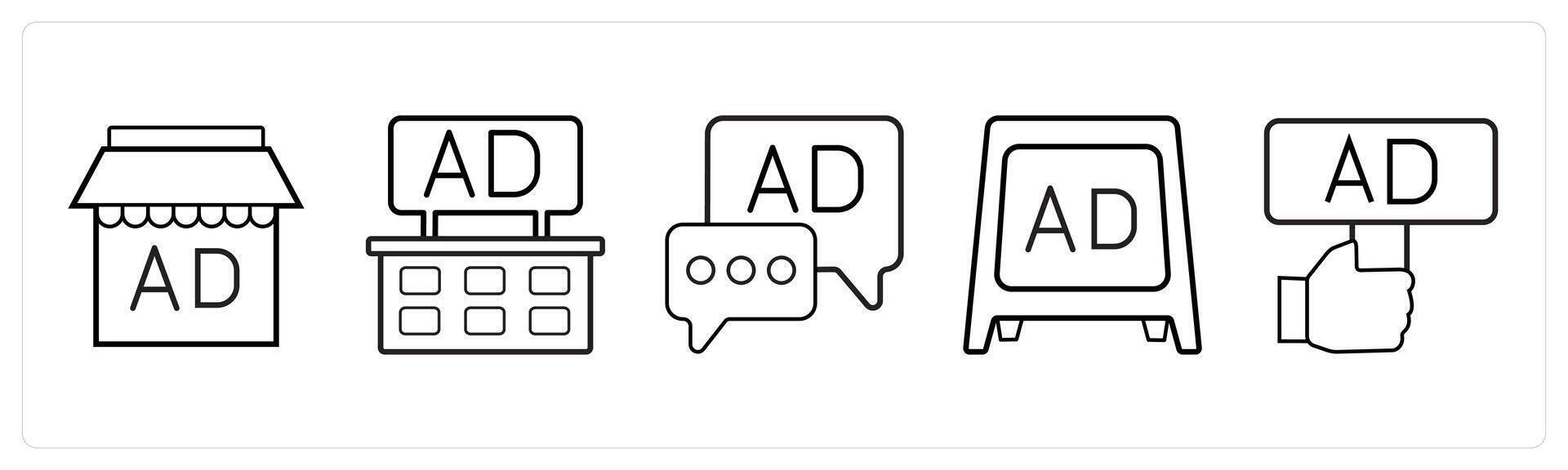 A set of 5 Ads and marketing icons as advertisement store, ad baord, advertisement in black line color vector