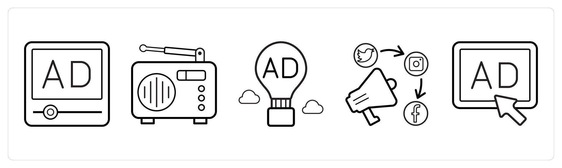 A set of 5 Ads and marketing icons as advertisement, radio ad, balloon ad in black line color vector