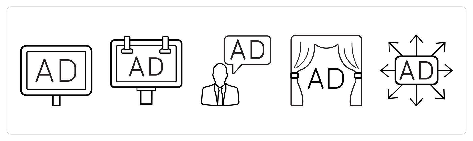 A set of 5 Ads and marketing icons as ad, advertisement, ad manager in black line color vector
