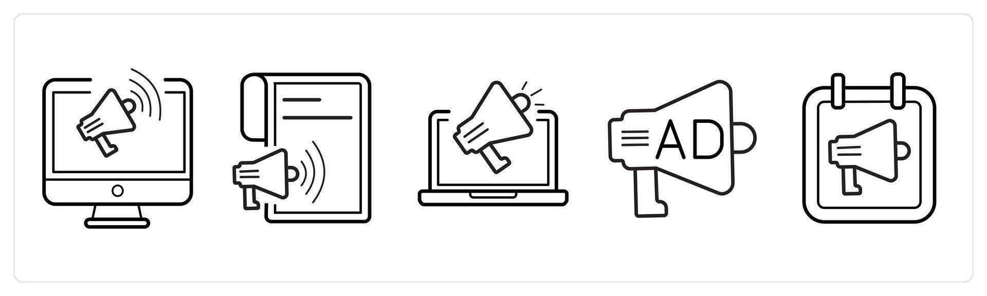 A set of 5 Ads and marketing icons as broadcast, ad newspaper, promotion in black line color vector