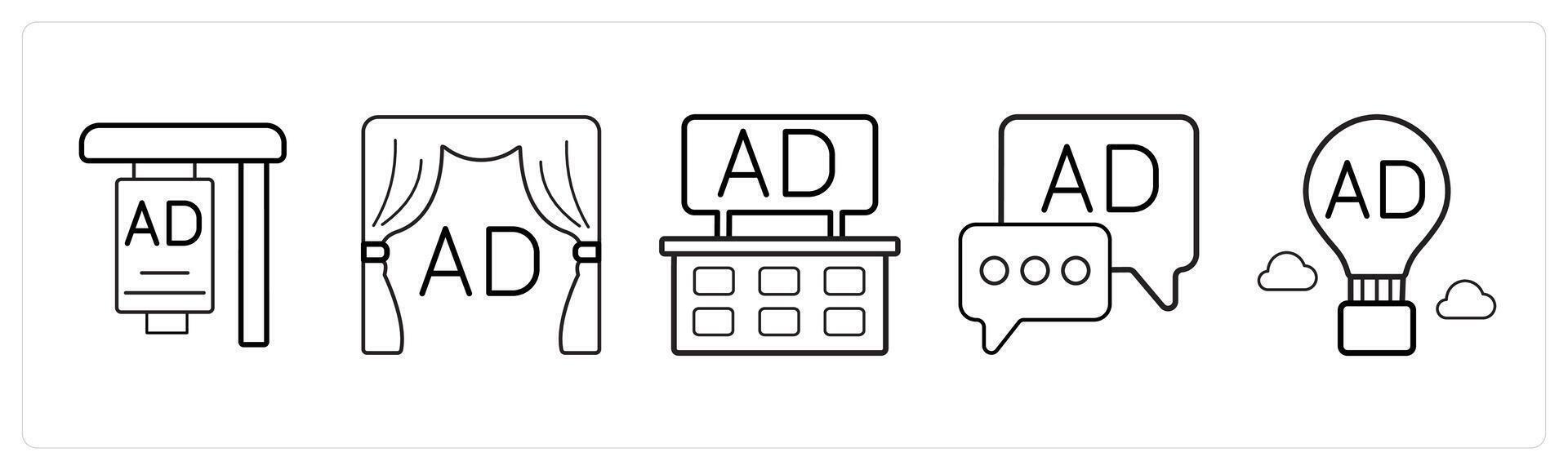 A set of 5 Ads and marketing icons as ad board, advertisement, balloon ad in black line color vector