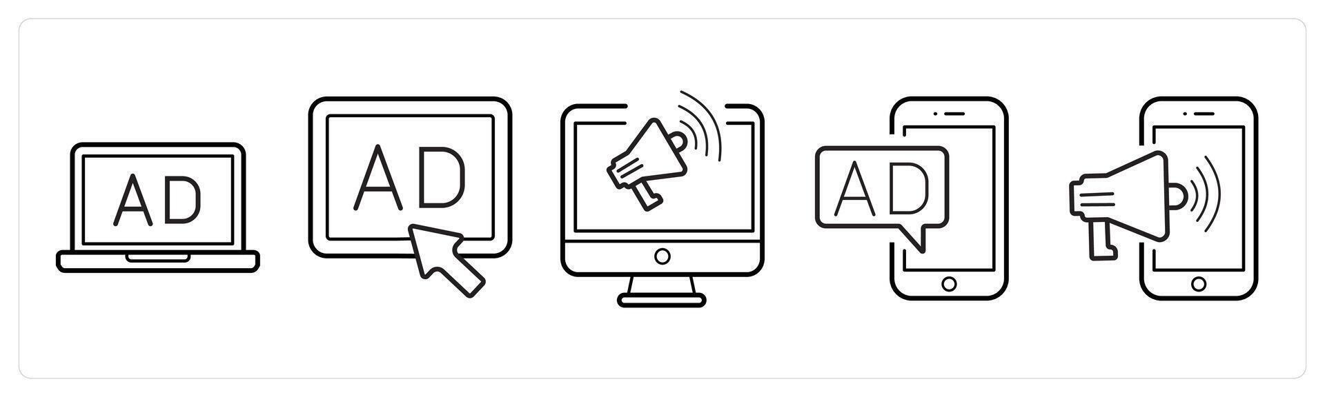 A set of 5 Ads and marketing icons as laptop ad, pay per click ad, promotion in black line color vector