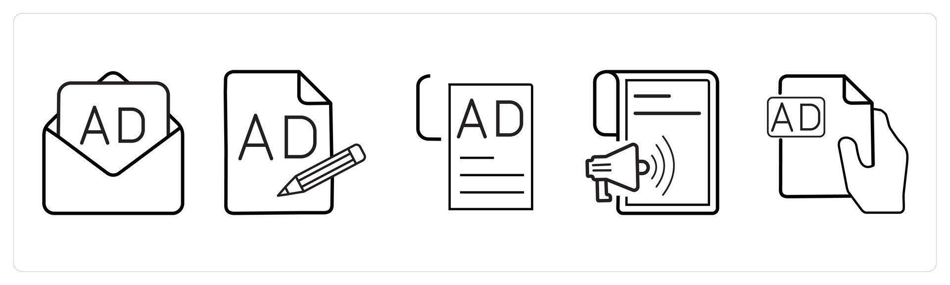 A set of 5 Ads and marketing icons as email advertisement, compose content, ad content in black line color vector