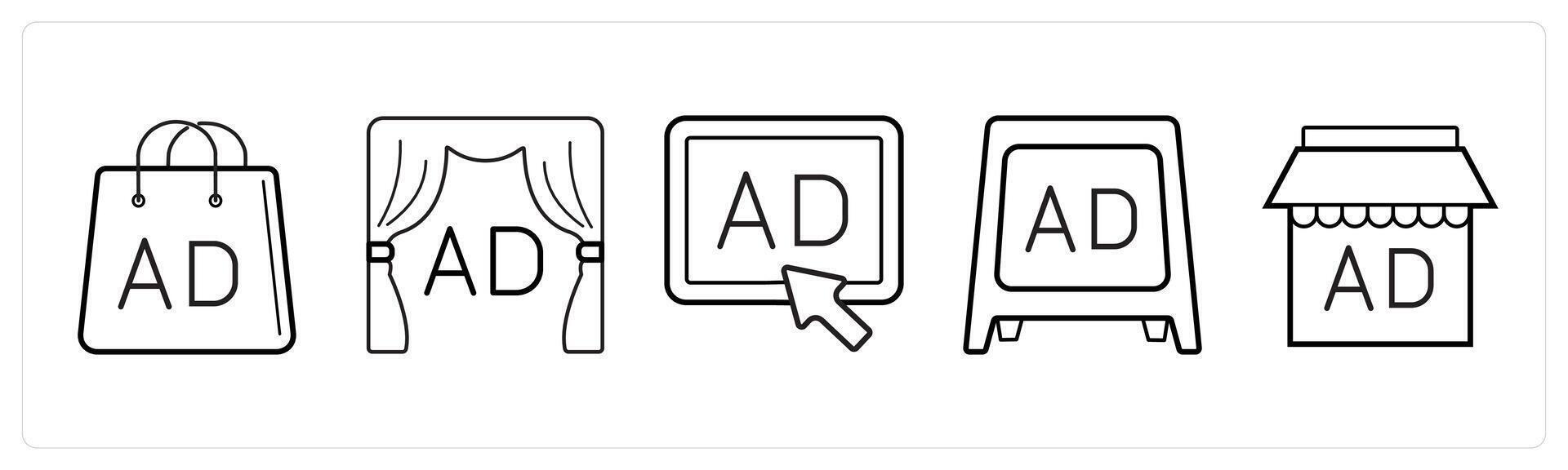 A set of 5 Ads and marketing icons as advertisement bag, advertisement, pay per click ad in black line color vector