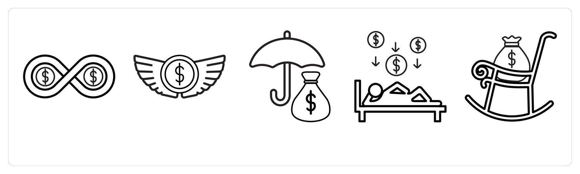 A set of 5 insurance icons as insurance, investment insurance, passive income in black line color vector