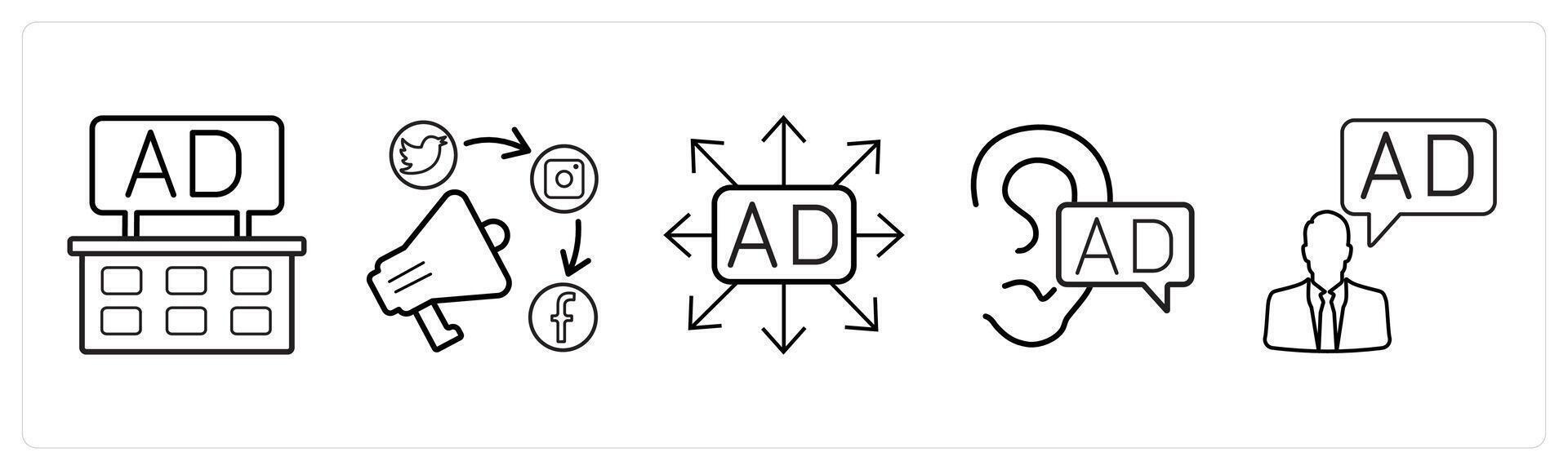 A set of 5 Ads and marketing icons as ad board, promotion media, ad direction in black line color vector