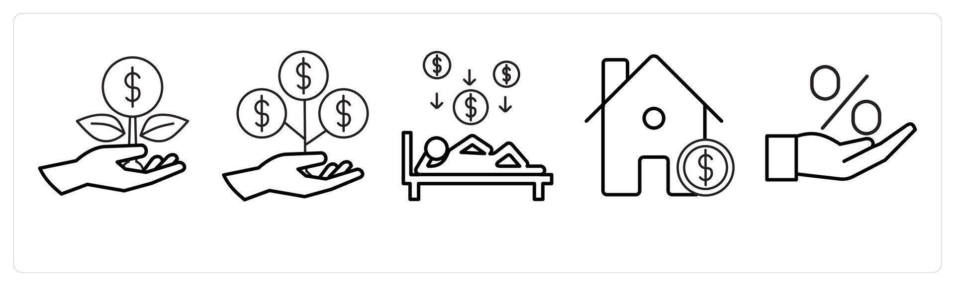 A set of 5 insurance icons as loan, passive income, home loan in black line color vector
