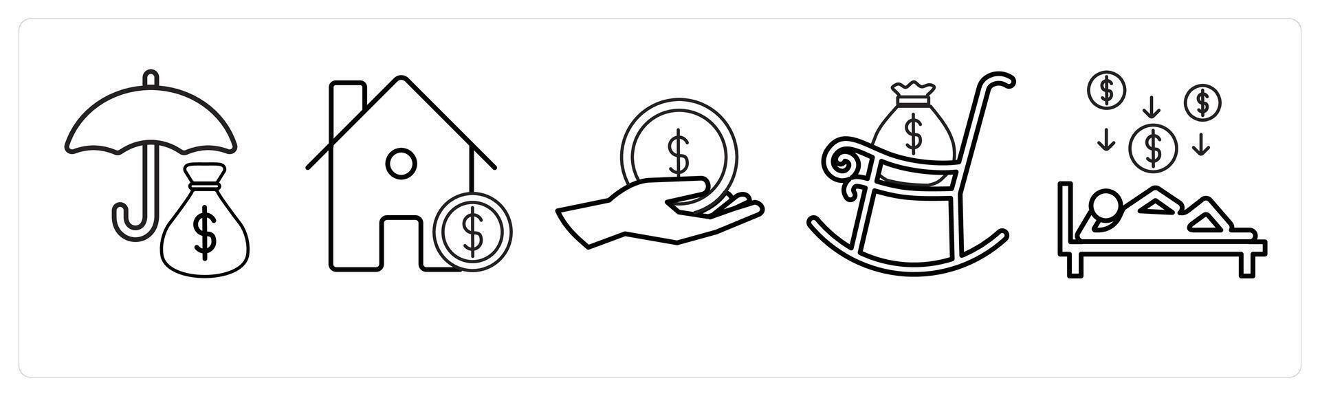 A set of 5 insurance icons as investment insurance, home loan, loan in black line color vector