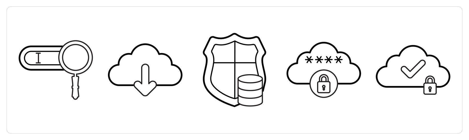 A set of 5 big data icons as search bar, cloud download, server security in black line color vector