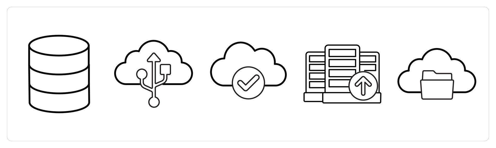 A set of 5 big data icons as server, cloud connection, cloud verification in black line color vector