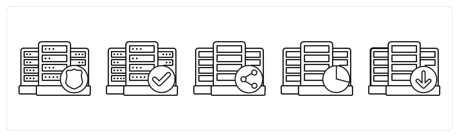 A set of 5 big data icons as server security, verified server, share drive data in black line color vector