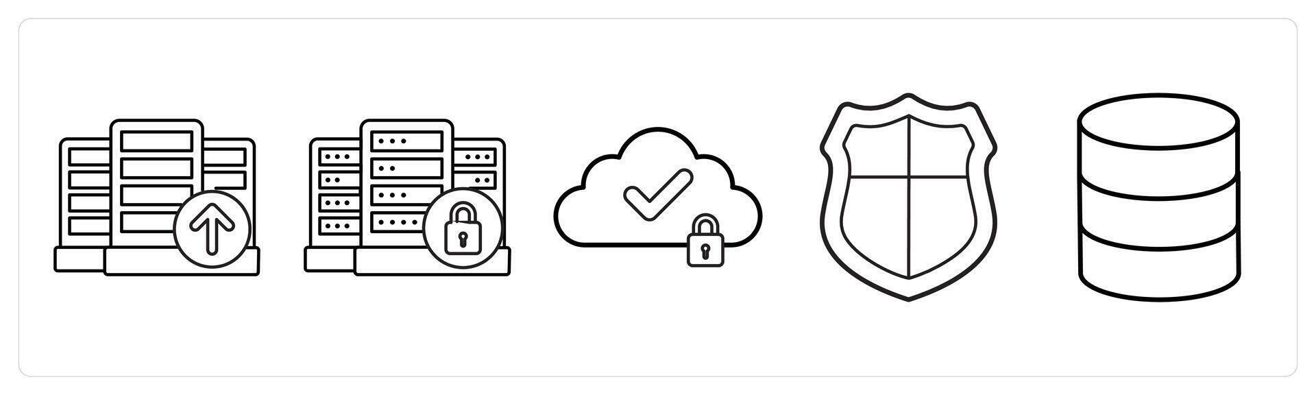 A set of 5 big data icons as upload on server, server security, cloud security in black line color vector