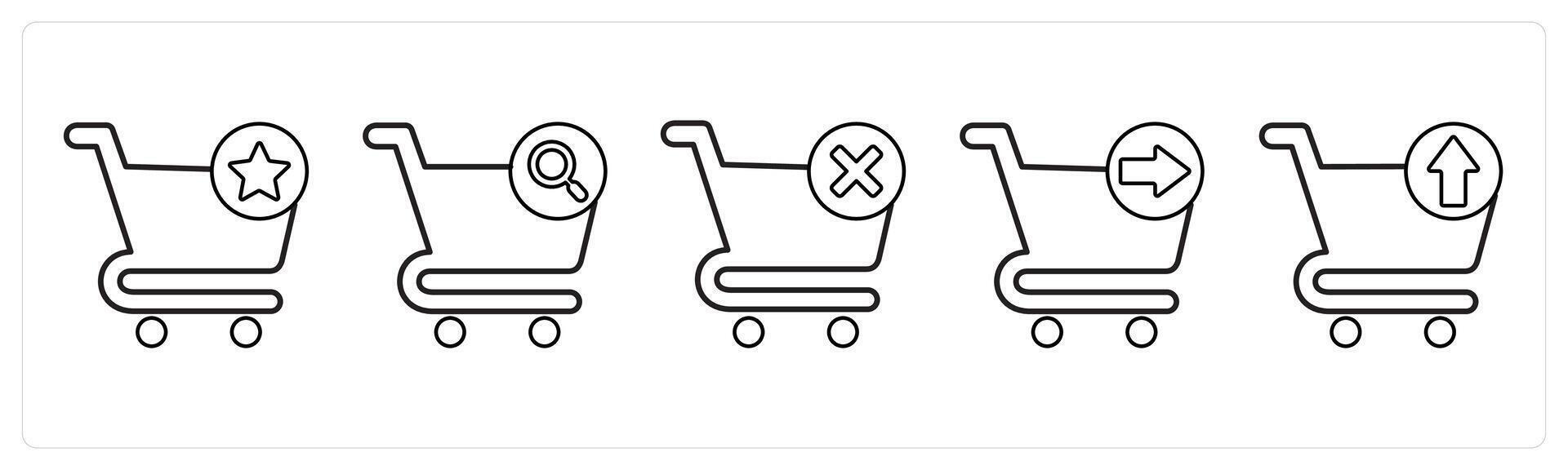 A set of 5 cart icons as favorite cart, cart search, delete cart in black line color vector