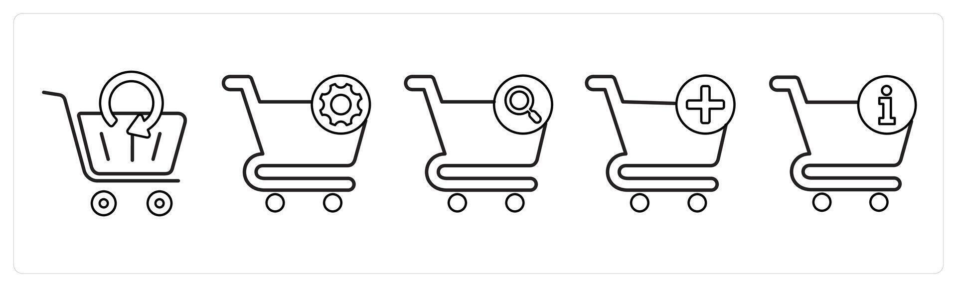 A set of 5 cart icons as update cart, cart setting, cart search in black line color vector
