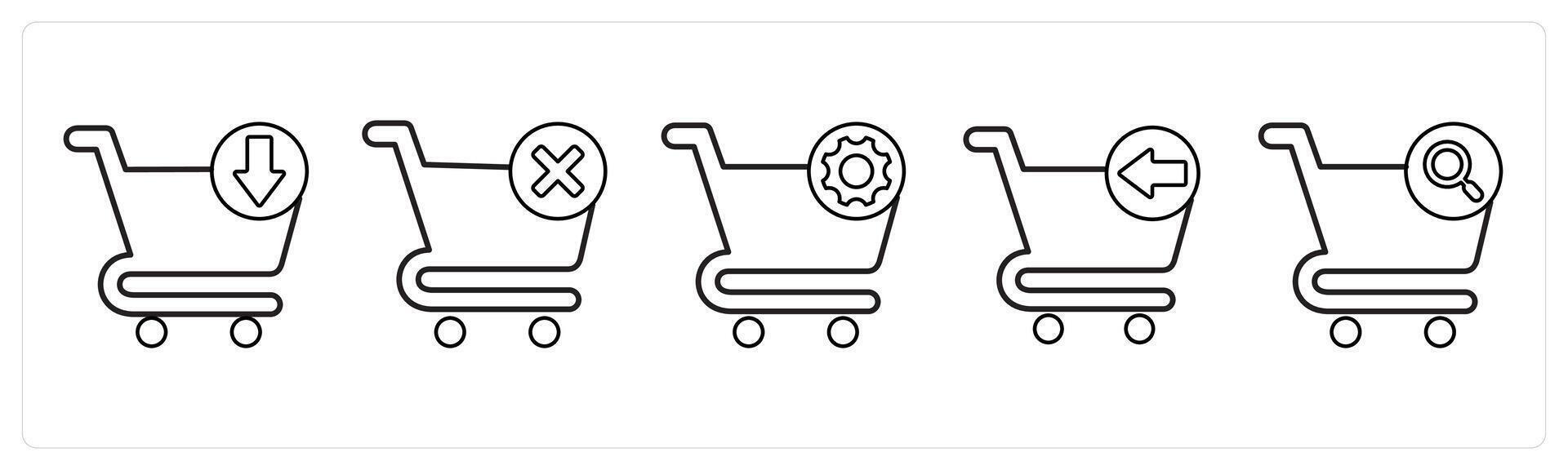 A set of 5 cart icons as download cart, delete cart, cart setting in black line color vector