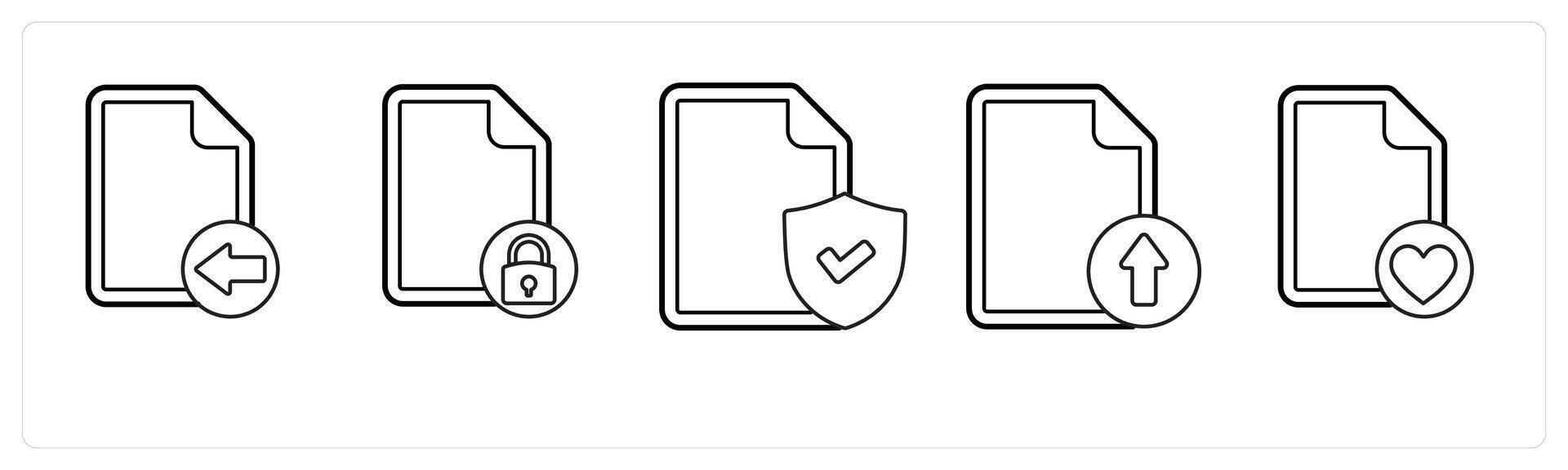 A set of 5 file icons as received file, file security, secublack document in black line color vector