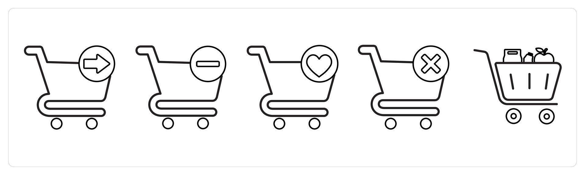 A set of 5 cart icons as send to cart, remove from cart, favorite cart in black line color vector
