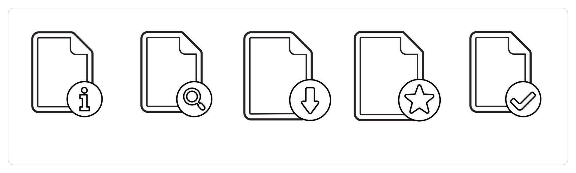 A set of 5 file icons as file information, search file, download file in black line color vector