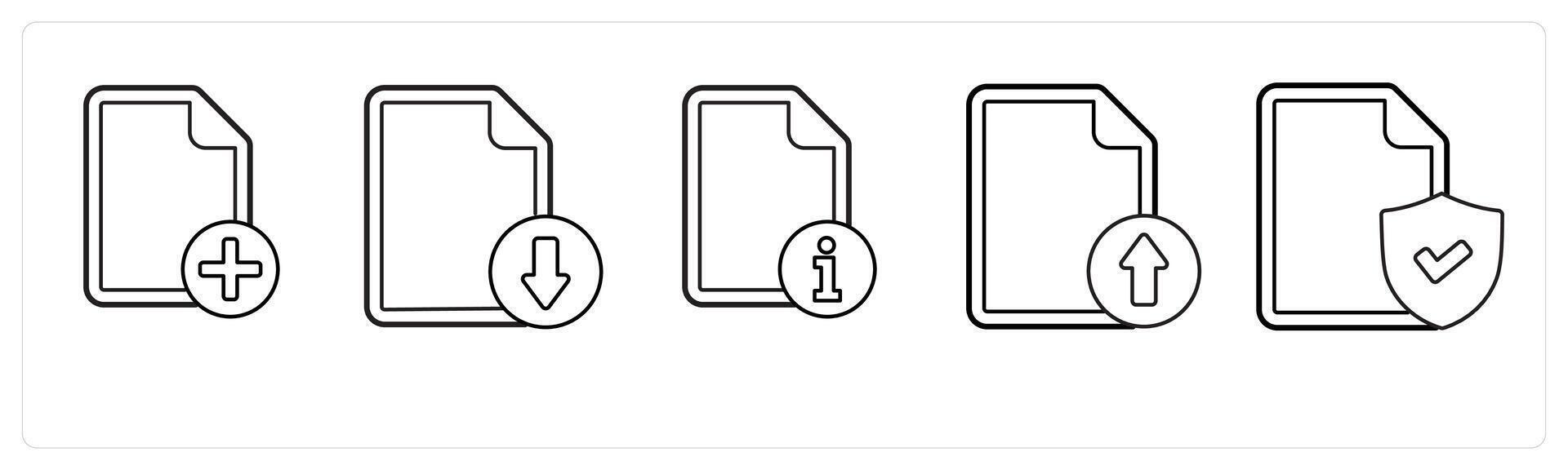 A set of 5 file icons as add file, download file, file information in black line color vector