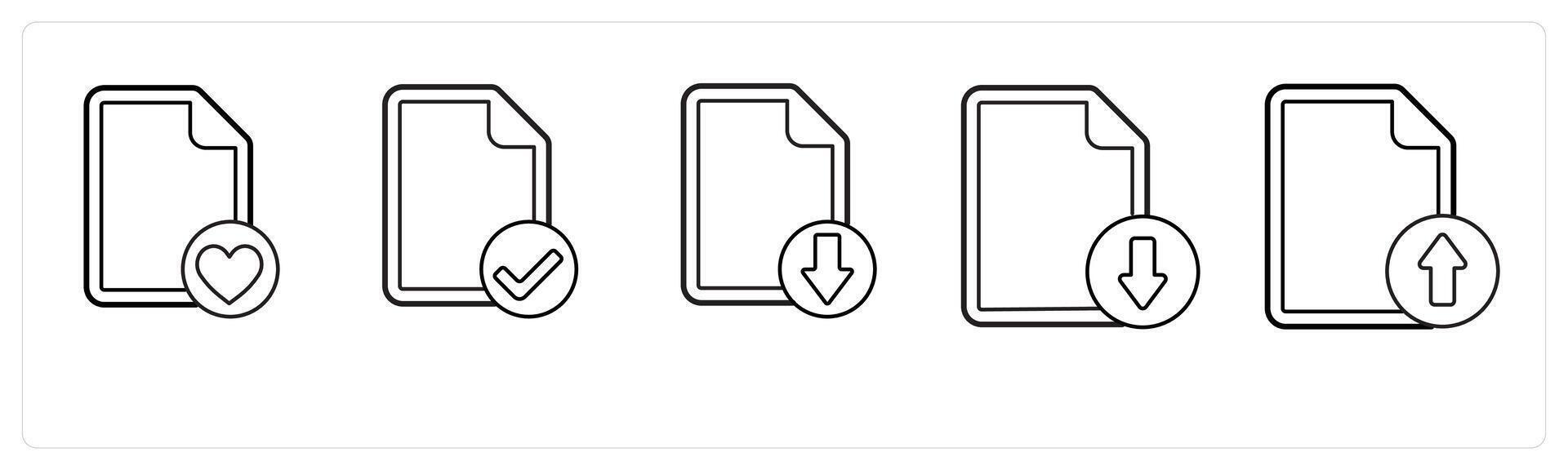 A set of 5 file icons as favorite file, verified file, download file in black line color vector