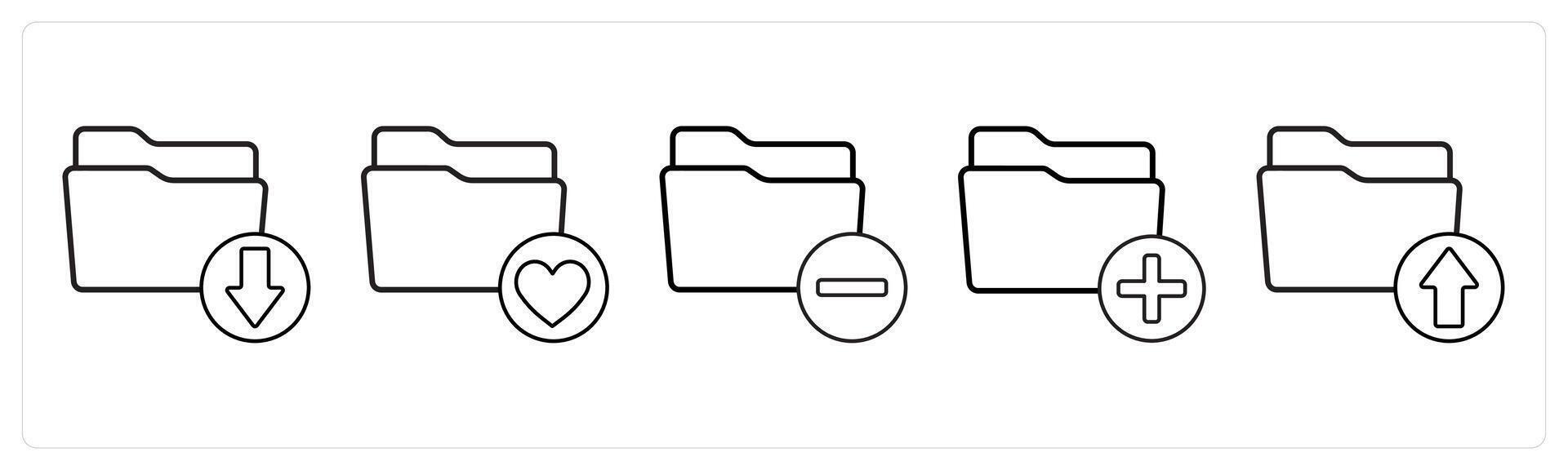 A set of 5 folder icons as download folder, favorite folder, remove folder in black line color vector