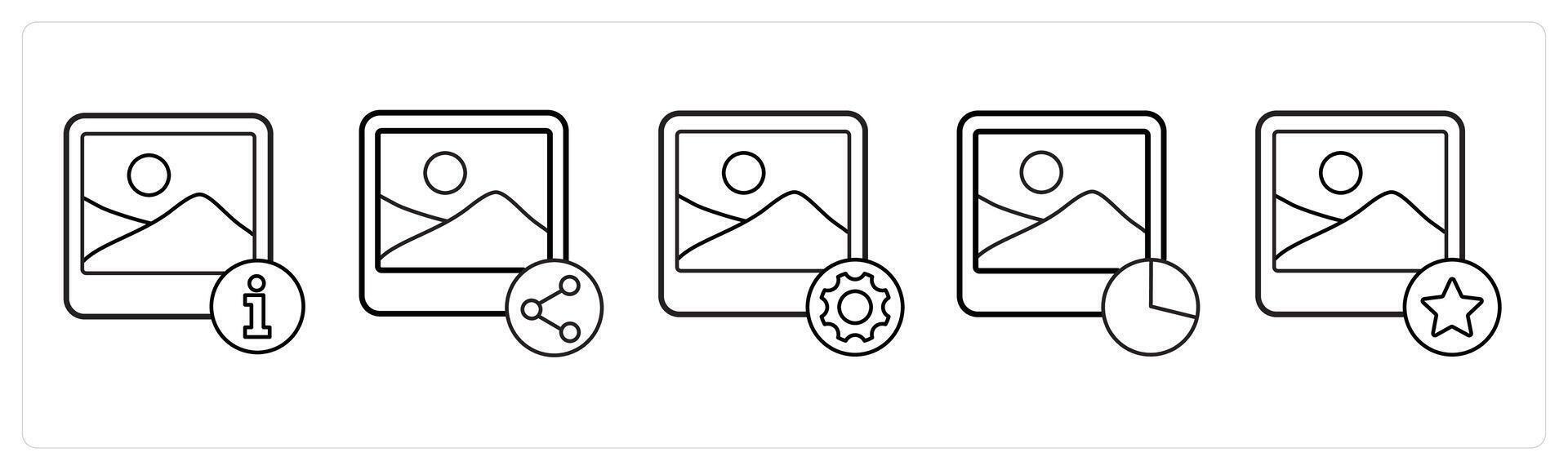 A set of 5 image icons as image information, share image, image setting in black line color vector