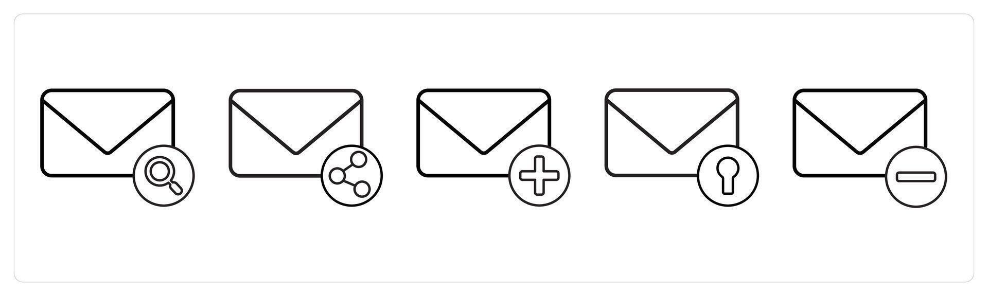 A set of 5 mail icons as search message, share mail, add message in black line color vector