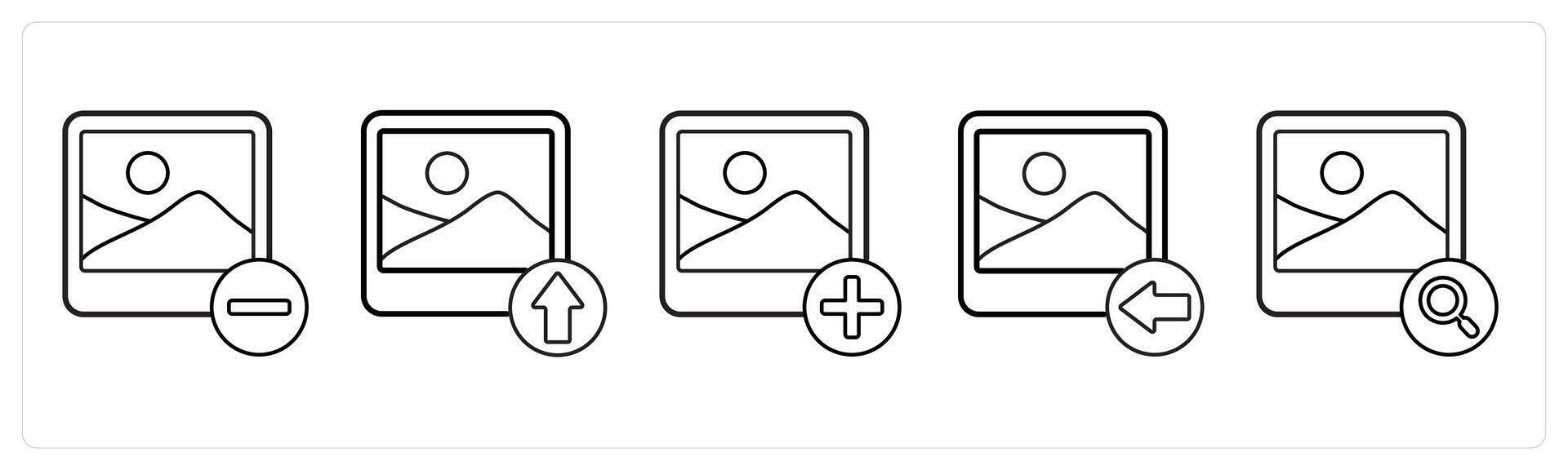 A set of 5 image icons as remove image, upload image, add image in black line color vector