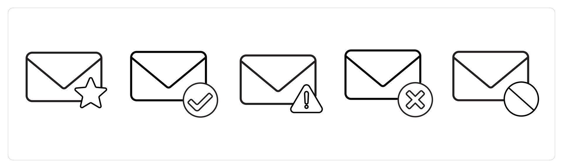 A set of 5 mail icons as star mail, verified message, error mail in black line color vector