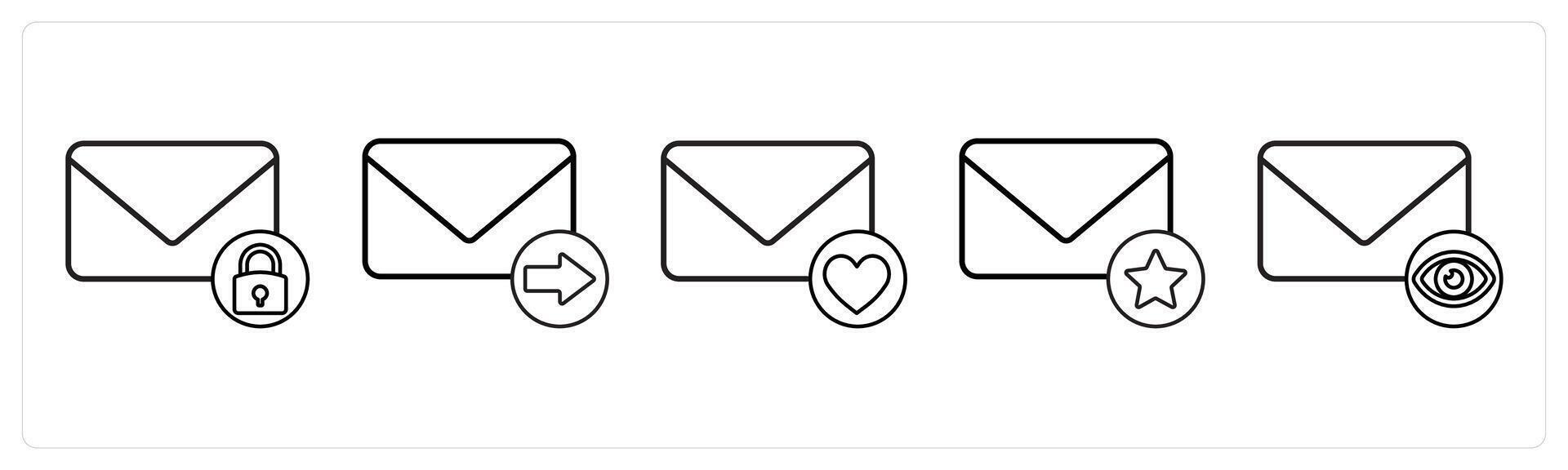 A set of 5 mail icons as mail security, send mail, favorite mail in black line color vector
