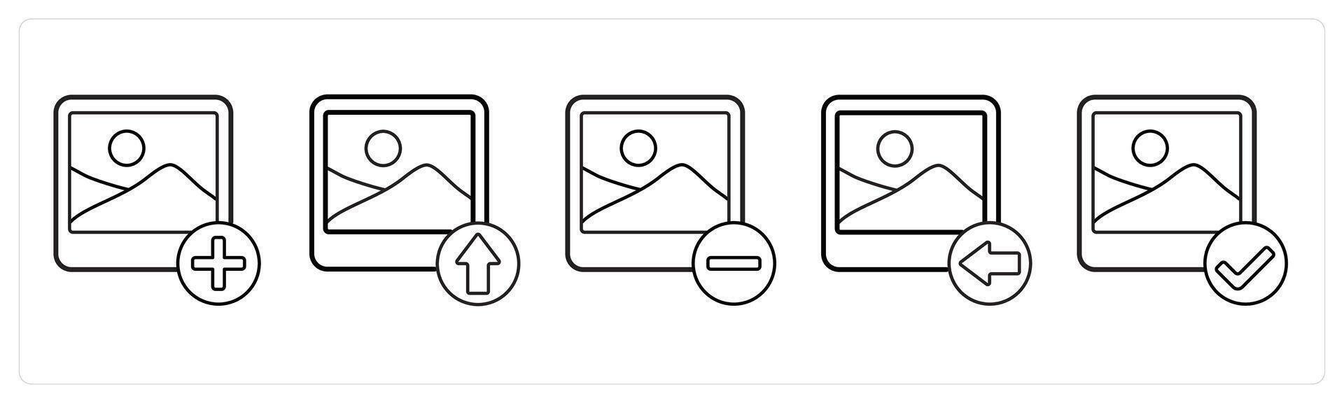 A set of 5 image icons as add image, upload image, remove image in black line color vector