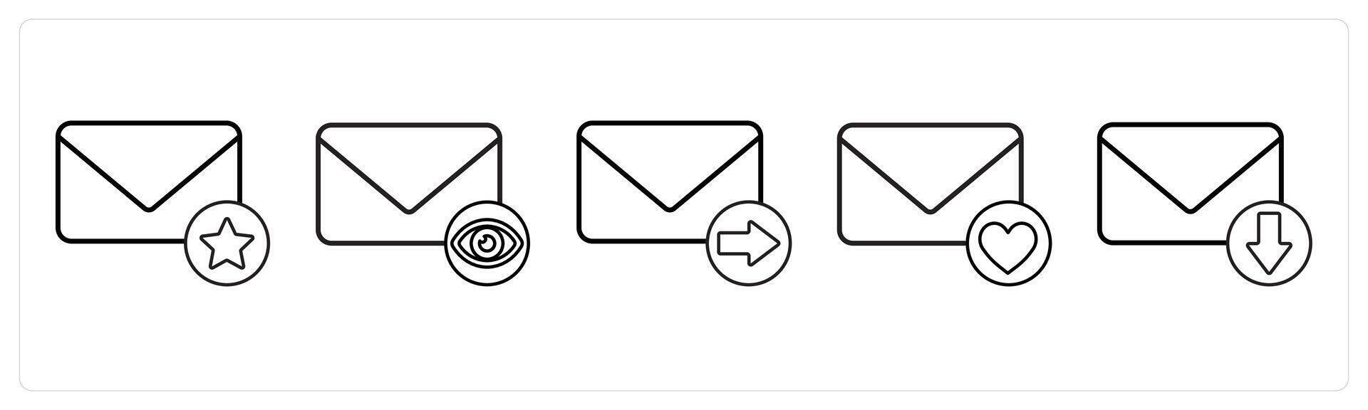 A set of 5 mail icons as star mail, view mail, send mail in black line color vector