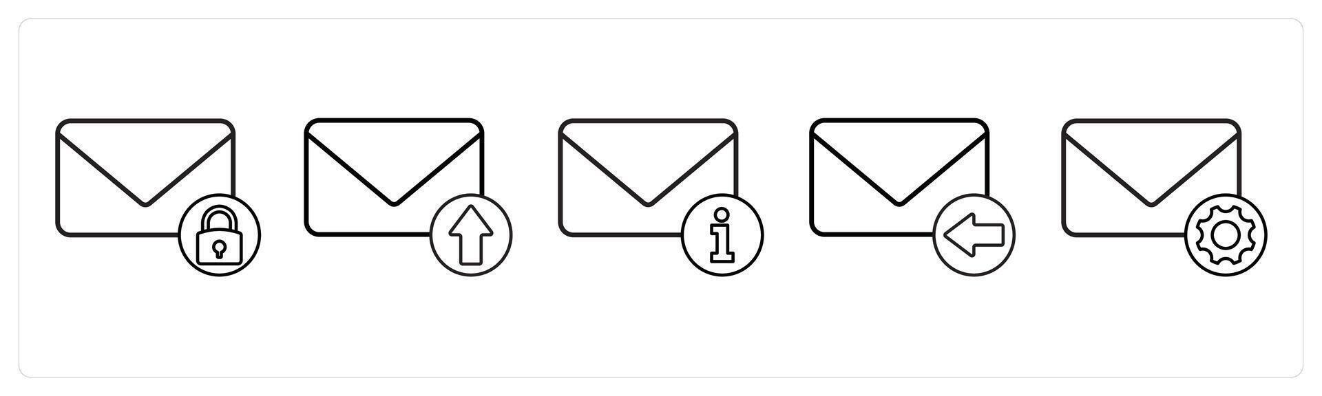 A set of 5 mail icons as mail security, send mail, mail information in black line color vector