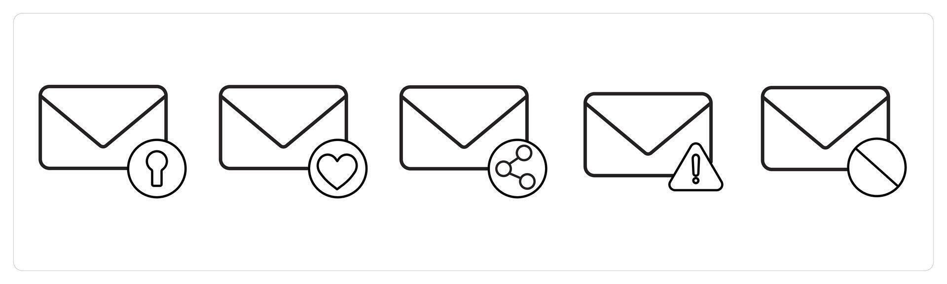 A set of 5 mail icons as secublack mail, favorite mail, share mail in black line color vector