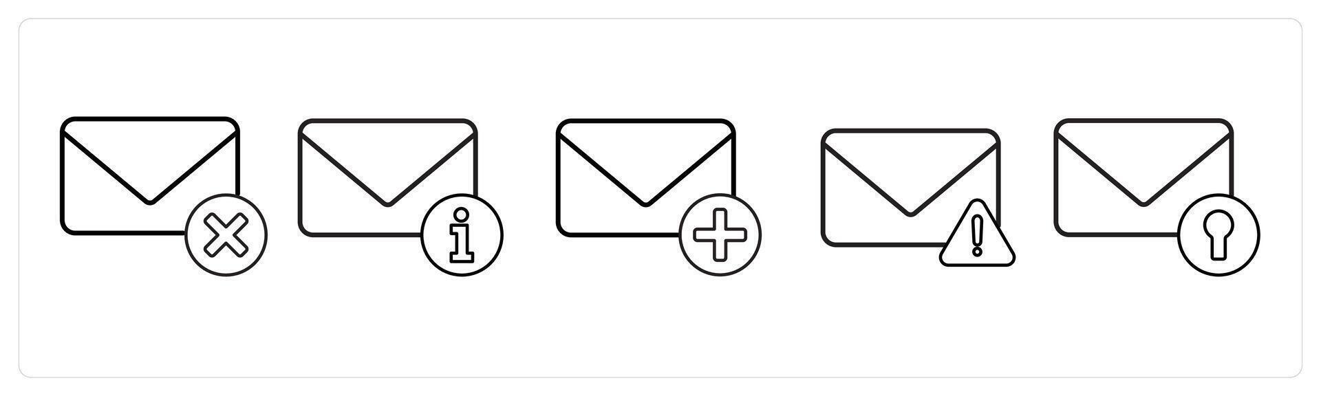 A set of 5 mail icons as delete message, mail information, add message in black line color vector