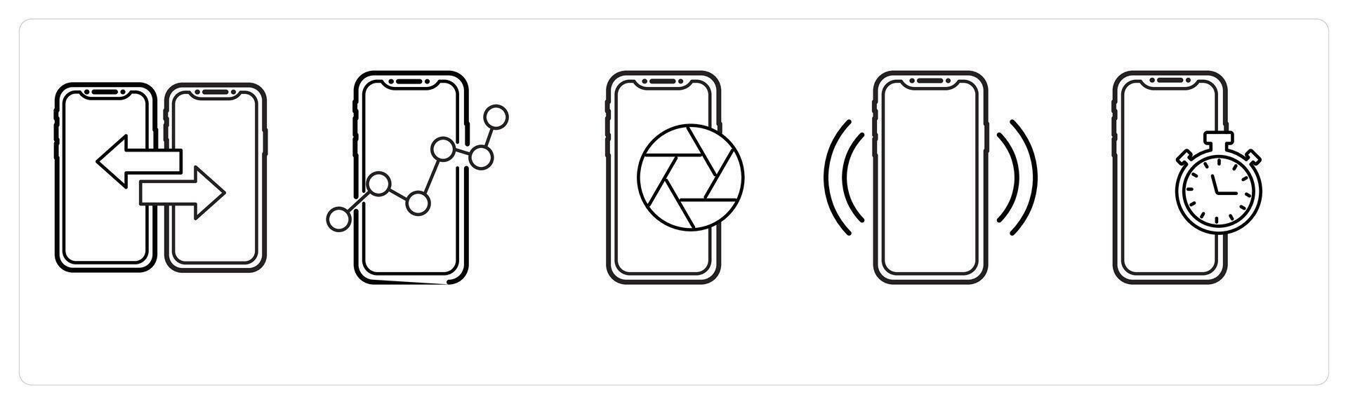 A set of 5 mobile icons as mobile transfer, mobile analysis, capture in black line color vector