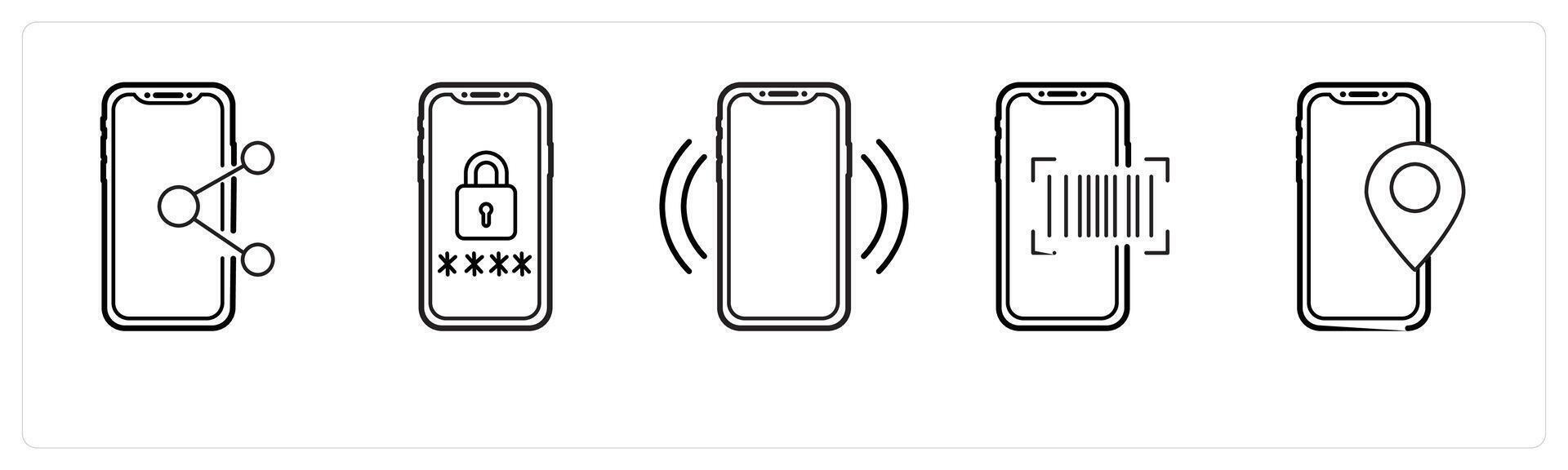 A set of 5 mobile icons as mobile share, mobile security, mobile network in black line color vector