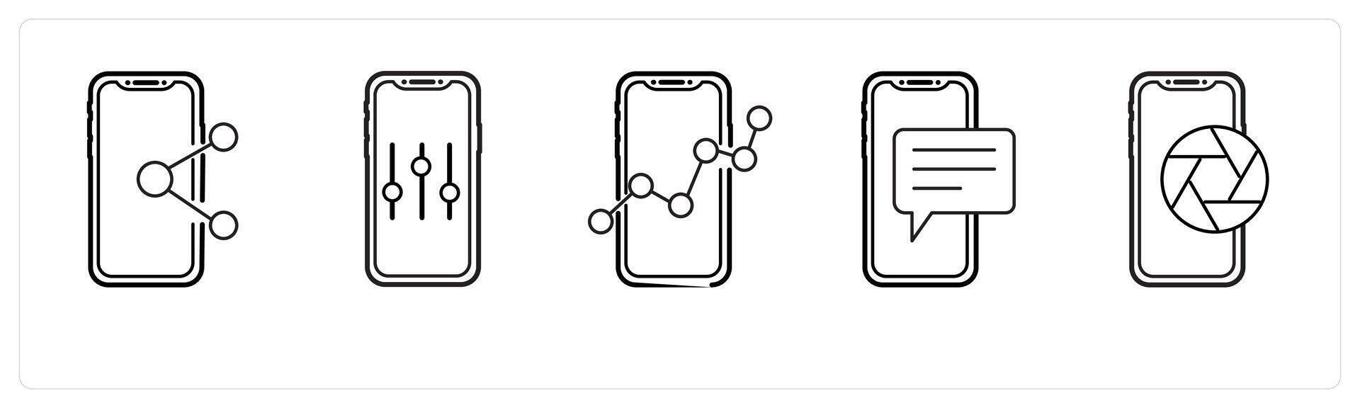 A set of 5 mobile icons as mobile share, mobile setting, mobile analysis in black line color vector