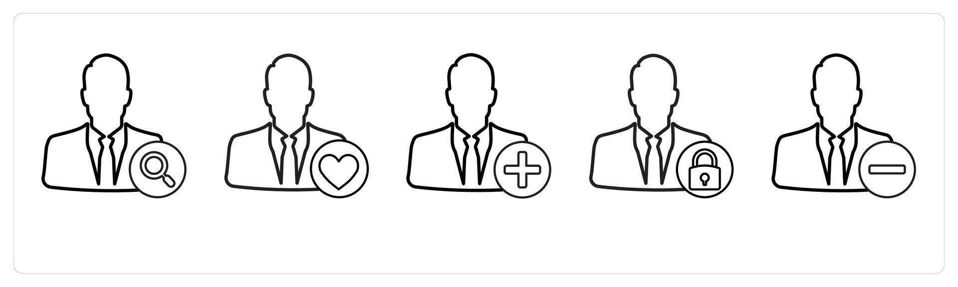 A set of 5 profile icons as search profile, favorite profile, add profile in black line color vector