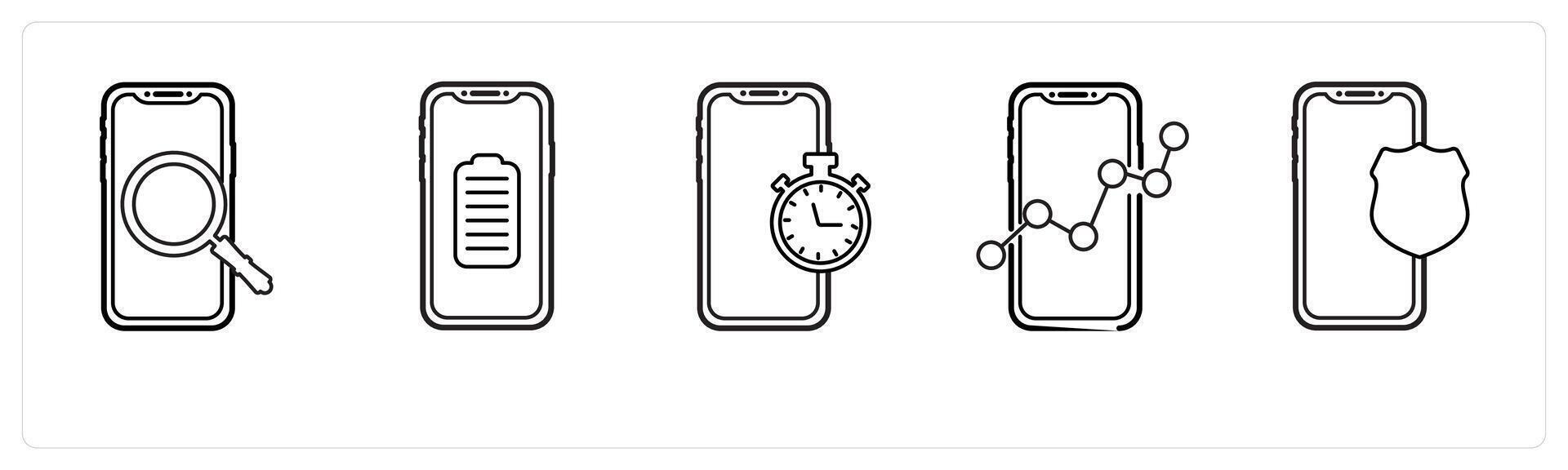 A set of 5 mobile icons as mobile search, mobile battery, mobile watch in black line color vector